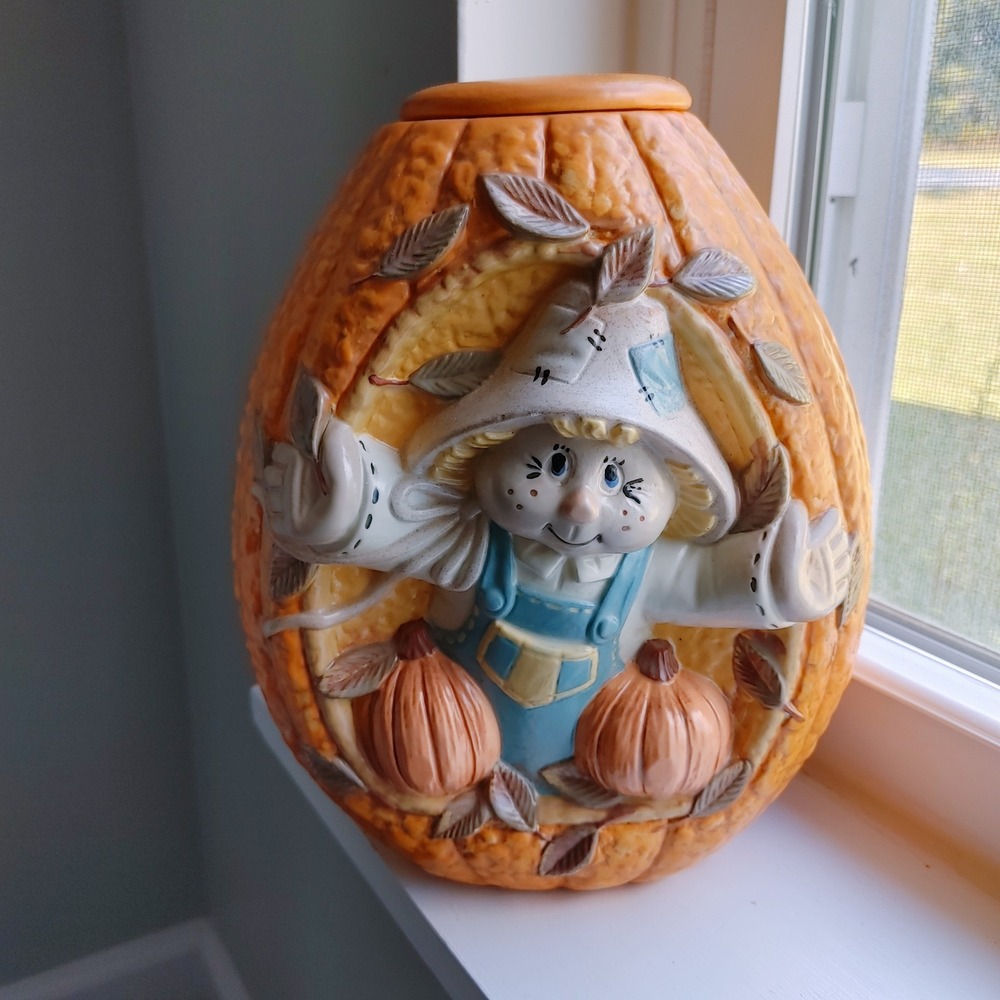 Vtg Fall Ceramic Pumpkin Scarecrow Vase and Votive Holder Set Fall Harvest Decor
